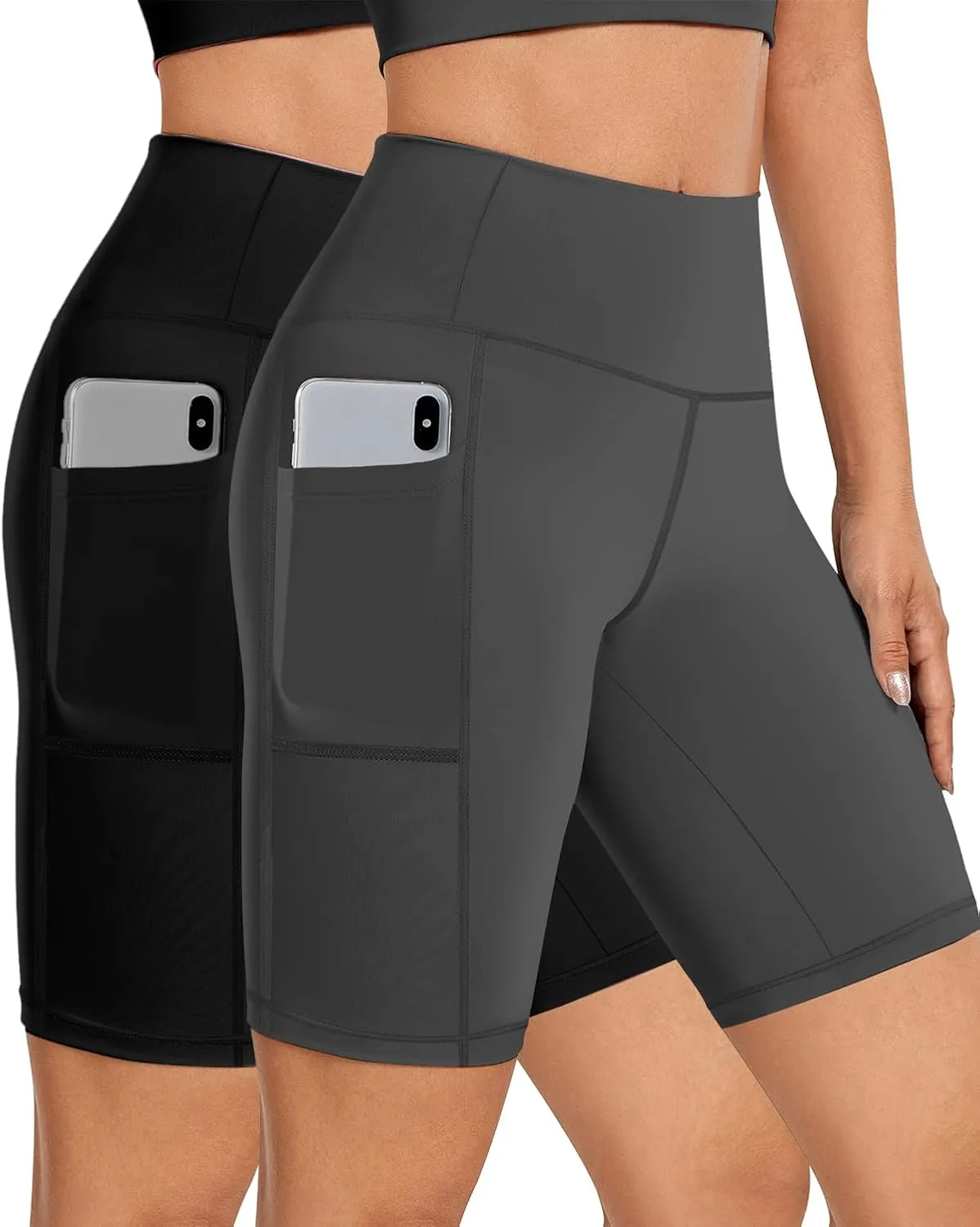 Buauty 2/3 Pack Biker Shorts Women Tummy Control with Pocket 8" High Waisted Yoga Running Workout Spandex Compression Shorts