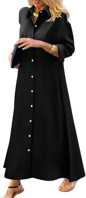 chouyatou Women's Casual Button Down Maxi Shirt Dress Long Sleeve Button Up Tunic Long Dress