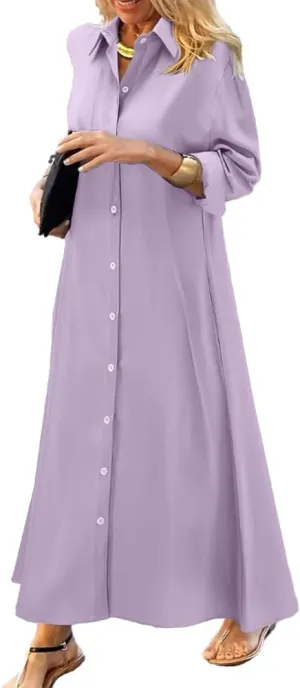 chouyatou Women's Casual Button Down Maxi Shirt Dress Long Sleeve Button Up Tunic Long Dress