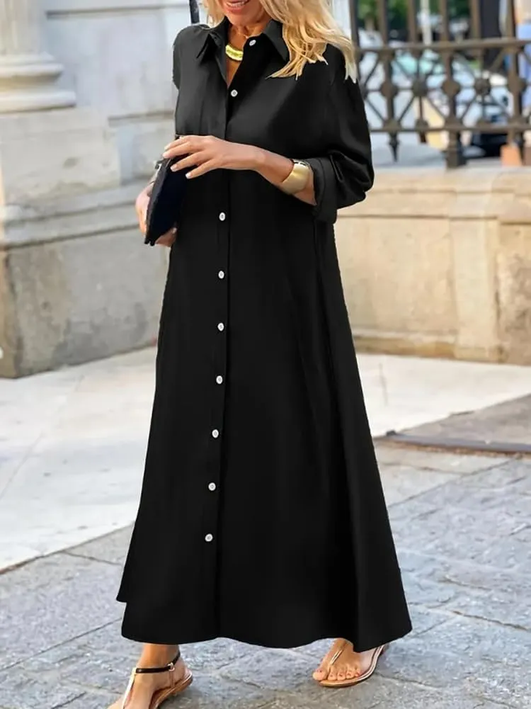 chouyatou Women's Casual Button Down Maxi Shirt Dress Long Sleeve Button Up Tunic Long Dress