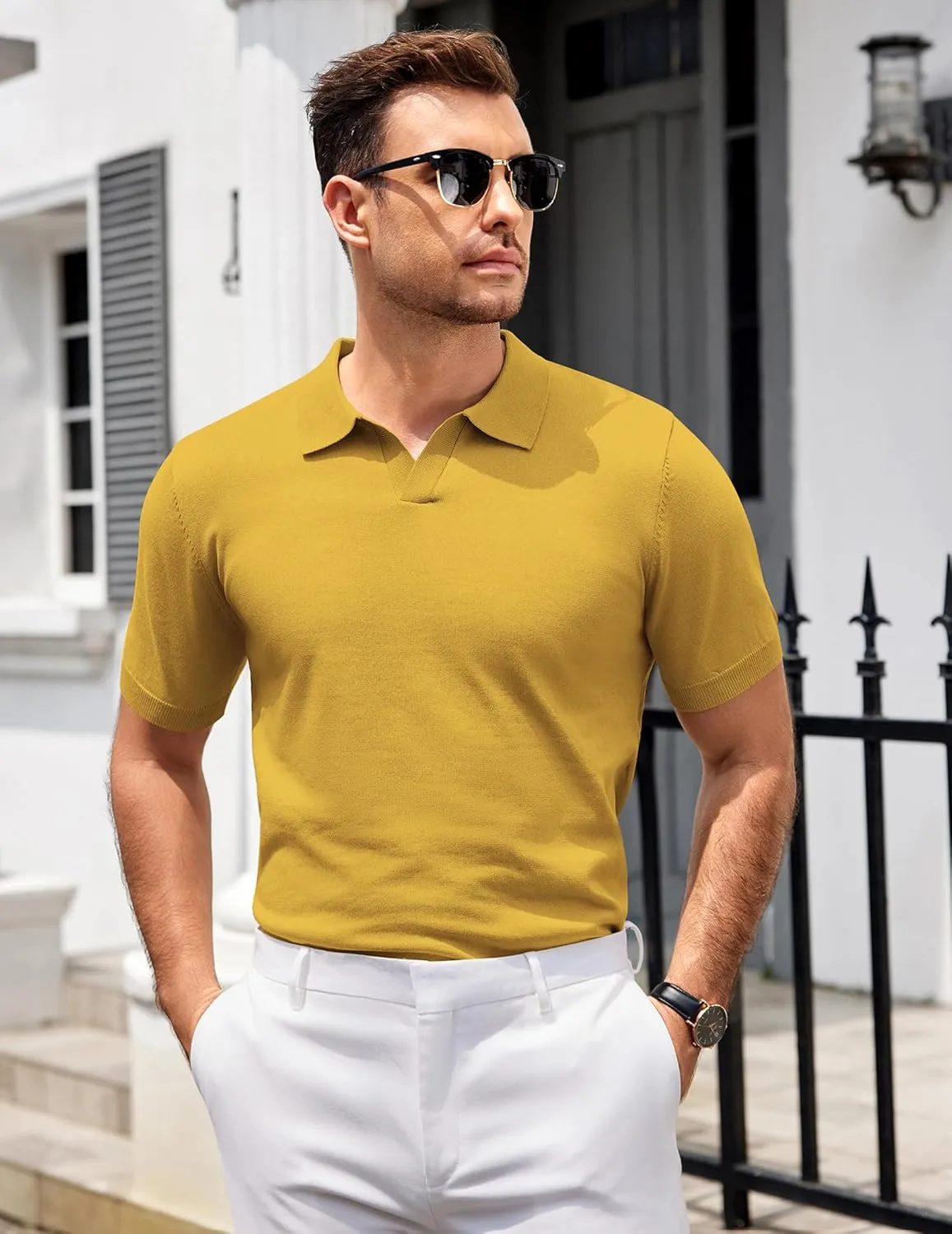 COOFANDY Mens Knit Polo Shirts V Neck Short Sleeve Stretch Polo T Shirt Casual Golf Shirts