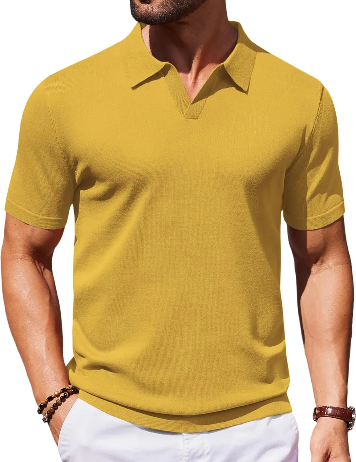 COOFANDY Mens Knit Polo Shirts V Neck Short Sleeve Stretch Polo T Shirt Casual Golf Shirts