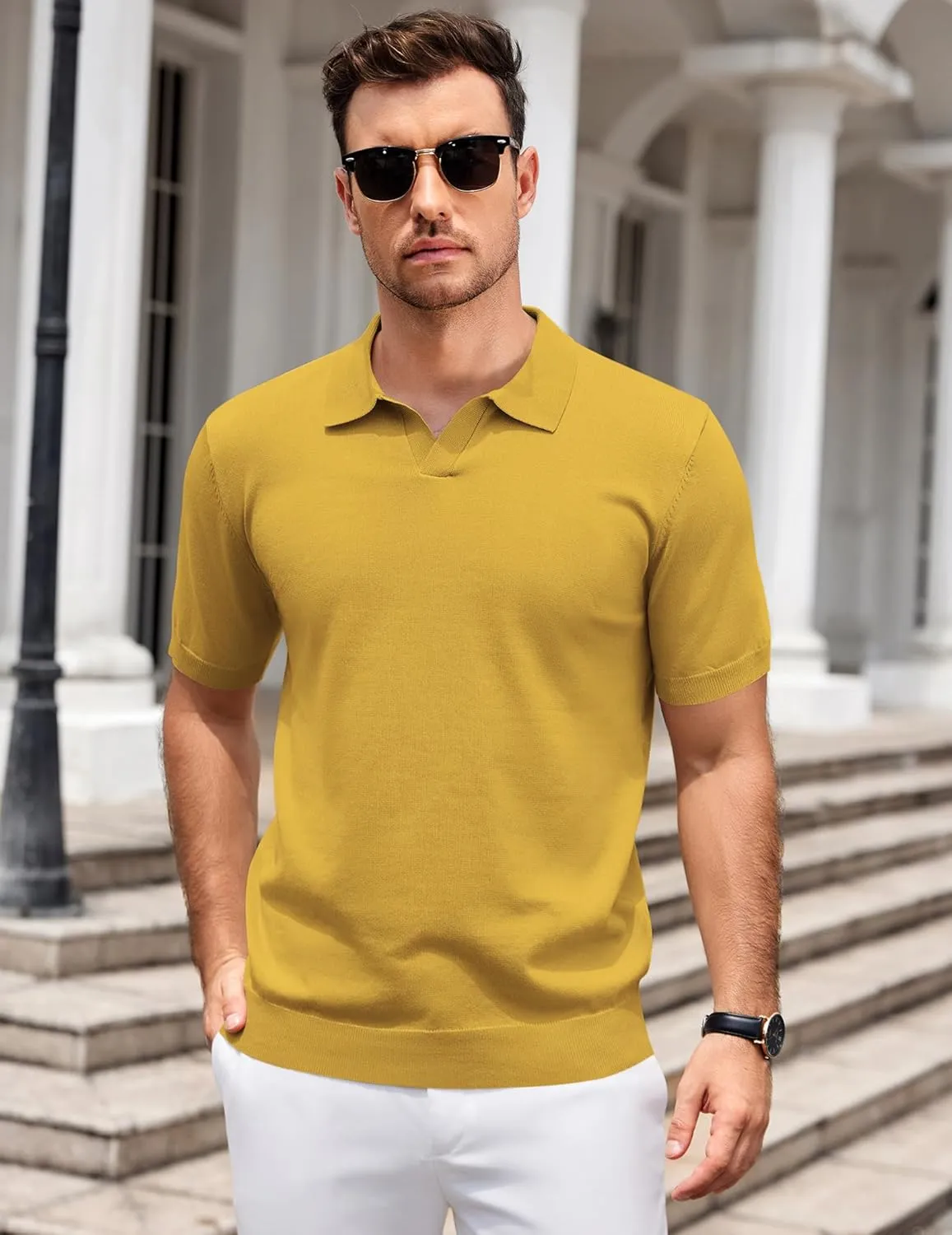 COOFANDY Mens Knit Polo Shirts V Neck Short Sleeve Stretch Polo T Shirt Casual Golf Shirts
