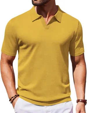 COOFANDY Mens Knit Polo Shirts V Neck Short Sleeve Stretch Polo T Shirt Casual Golf Shirts