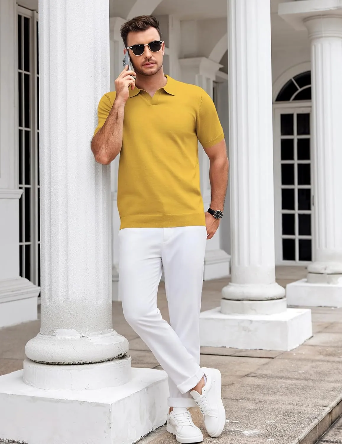 COOFANDY Mens Knit Polo Shirts V Neck Short Sleeve Stretch Polo T Shirt Casual Golf Shirts