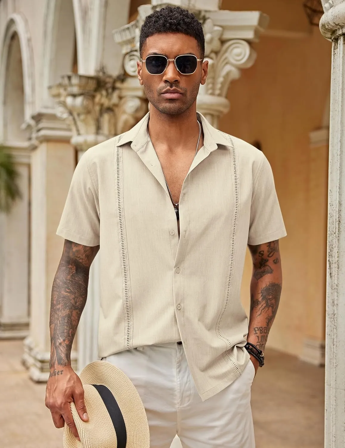 COOFANDY Mens Short Sleeve Cuban Guayabera Shirt Casual Summer Beach Button Down Shirts