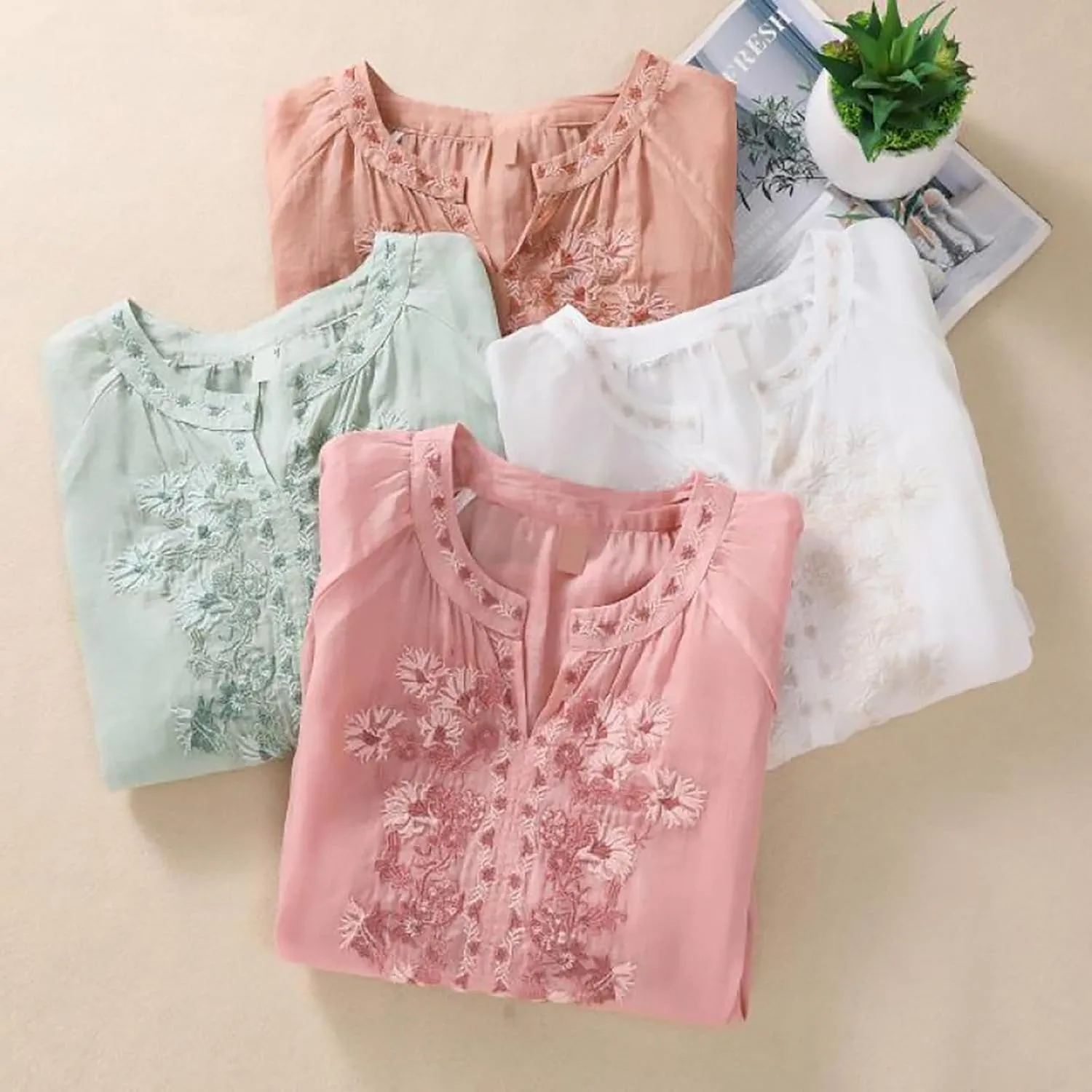 Cotton Linen Shirts for Women 2025 Trendy Summer Floral Embroidered 3/4 Sleeve Gauze Boho Blouse Casual Vacation Top