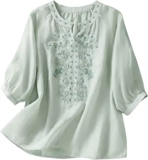 Cotton Linen Shirts for Women 2025 Trendy Summer Floral Embroidered 3/4 Sleeve Gauze Boho Blouse Casual Vacation Top
