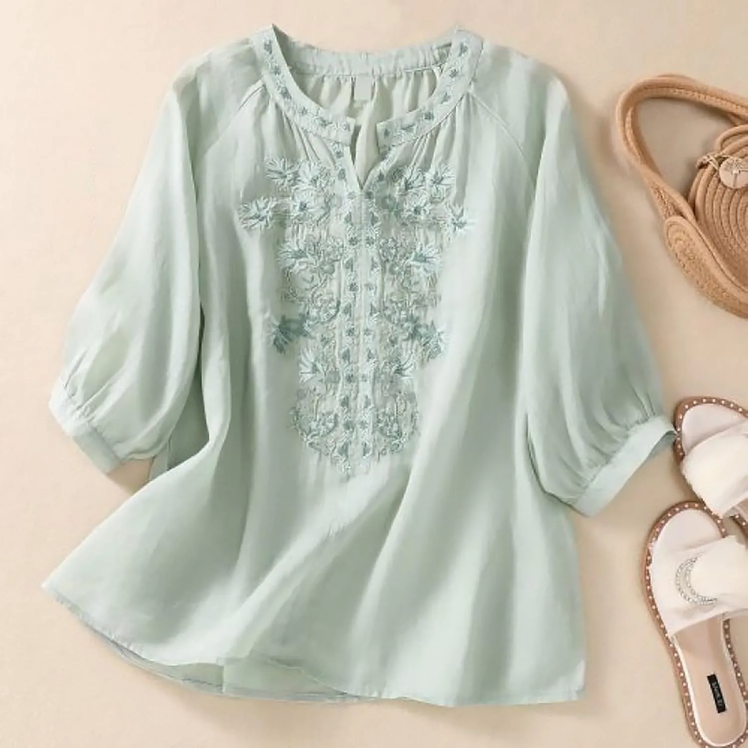 Cotton Linen Shirts for Women 2025 Trendy Summer Floral Embroidered 3/4 Sleeve Gauze Boho Blouse Casual Vacation Top