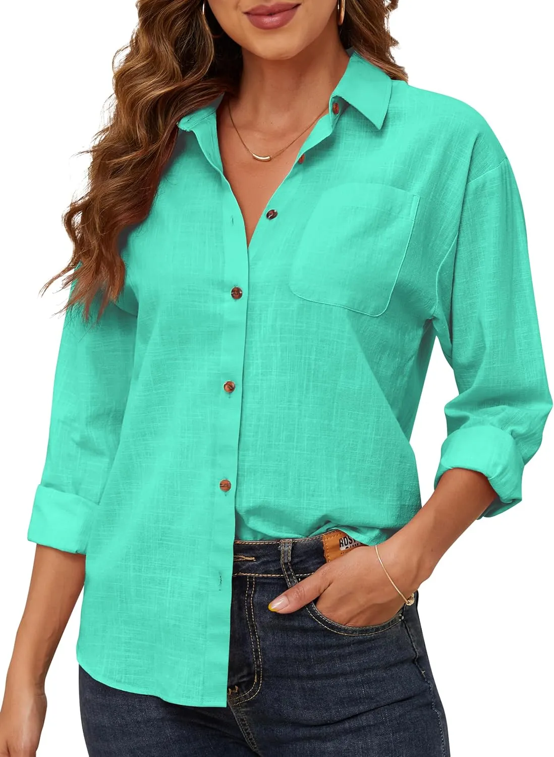 CUNLIN Women's Button Down Shirts Long Sleeve Cotton Summer Beach Wear for Women with Pocket