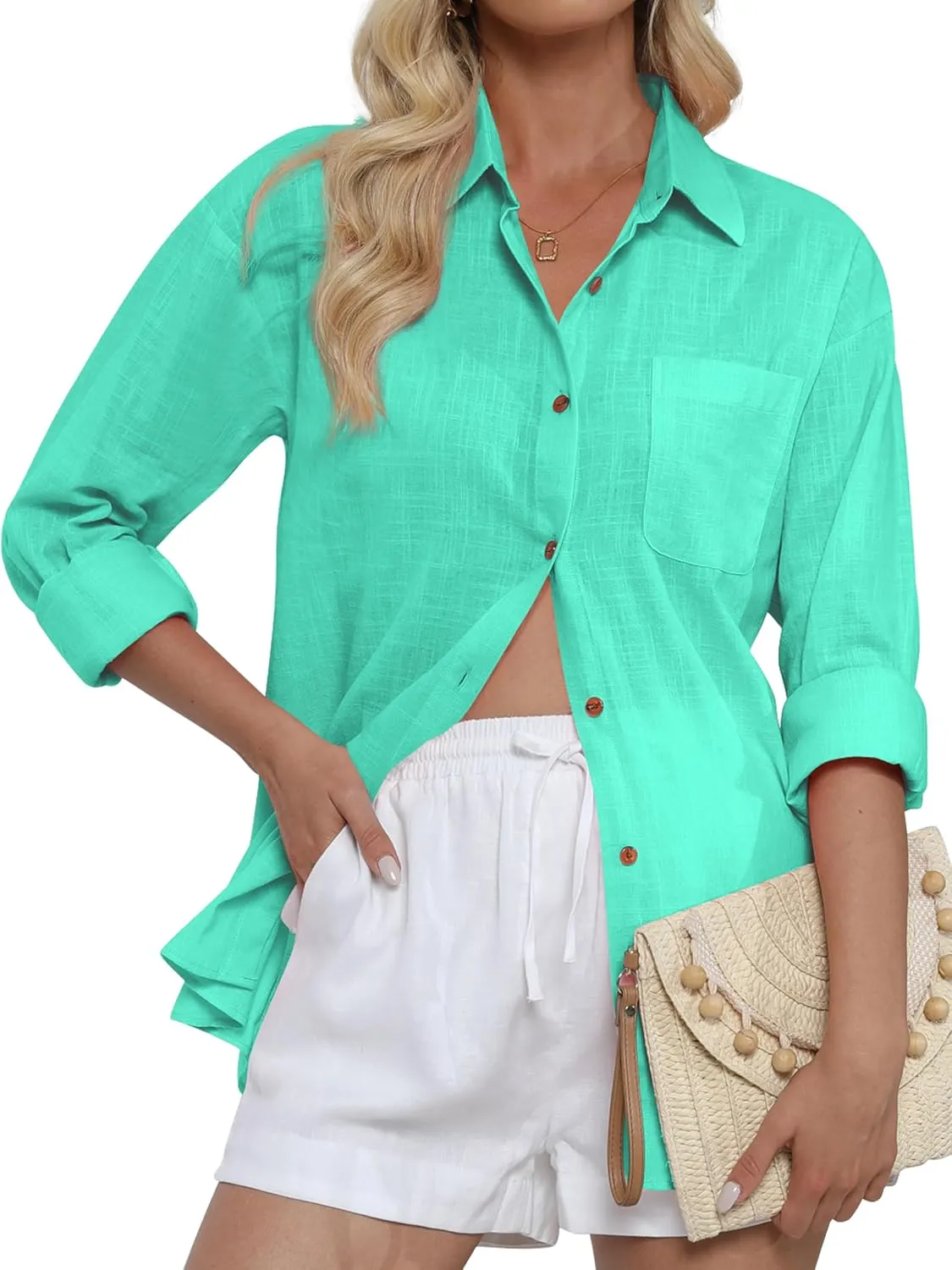 CUNLIN Women's Button Down Shirts Long Sleeve Cotton Summer Beach Wear for Women with Pocket