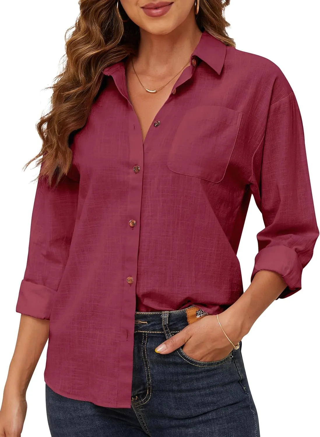CUNLIN Women's Button Down Shirts Long Sleeve Cotton Summer Beach Wear for Women with Pocket