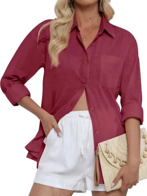 CUNLIN Women's Button Down Shirts Long Sleeve Cotton Summer Beach Wear for Women with Pocket