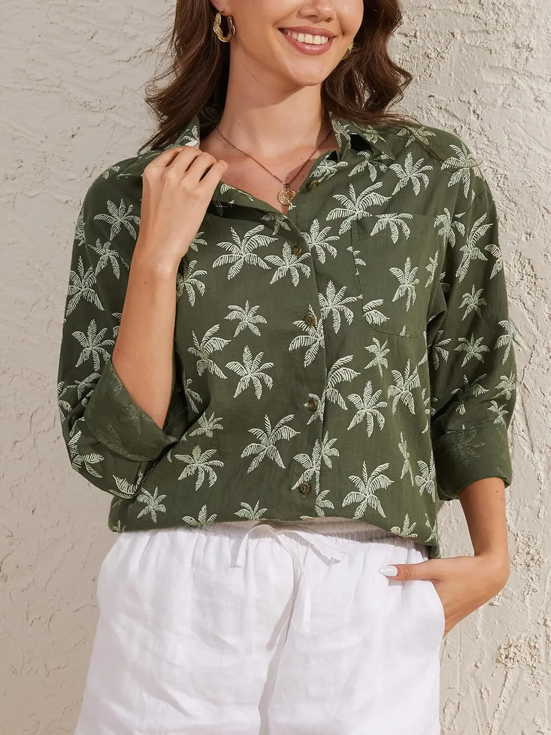 CUNLIN Women's Button Down Shirts Long Sleeve Cotton Summer Beach Wear for Women with Pocket