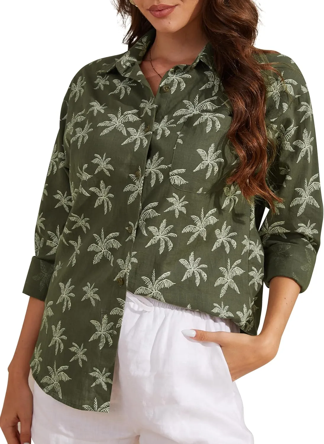 CUNLIN Women's Button Down Shirts Long Sleeve Cotton Summer Beach Wear for Women with Pocket