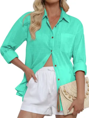 CUNLIN Women's Button Down Shirts Long Sleeve Cotton Summer Beach Wear for Women with Pocket