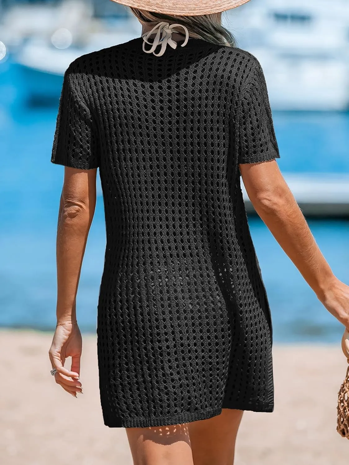 CUPSHE Crochet Coverups for Women Short Sleeve Button Front Beach Cover Ups Dress