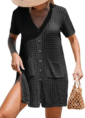 CUPSHE Crochet Coverups for Women Short Sleeve Button Front Beach Cover Ups Dress