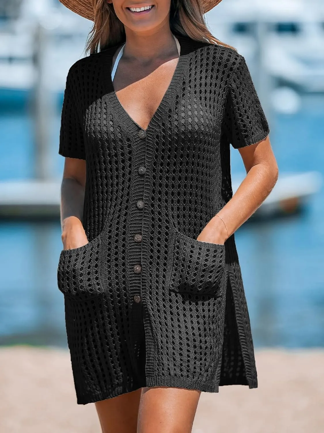 CUPSHE Crochet Coverups for Women Short Sleeve Button Front Beach Cover Ups Dress