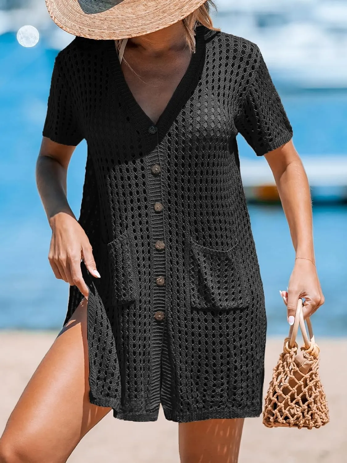CUPSHE Crochet Coverups for Women Short Sleeve Button Front Beach Cover Ups Dress