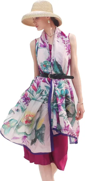DANA XU 100% Mulberry Satin Silk Summer Travel Scarf Extra Large Women Floral Shawl Oversize Soft Wraps For Evening Dresses
