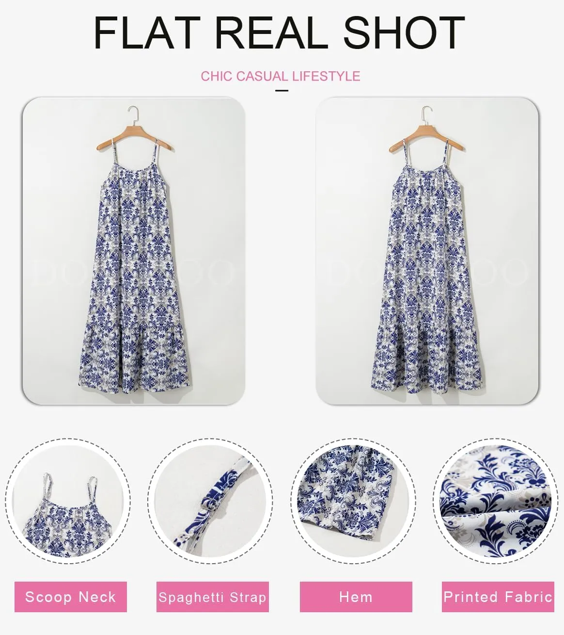 Dokotoo Women Summer Dresses 2025 Spaghetti Strap Scoop Neck Smocked Ruffle Flowy Boho Maxi Dress