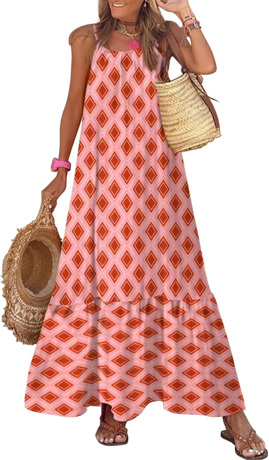Dokotoo Women Summer Dresses 2025 Spaghetti Strap Scoop Neck Smocked Ruffle Flowy Boho Maxi Dress