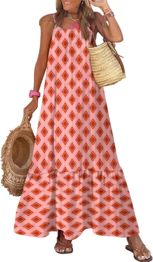 Dokotoo Women Summer Dresses 2025 Spaghetti Strap Scoop Neck Smocked Ruffle Flowy Boho Maxi Dress