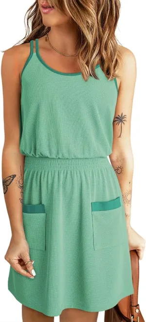 Dokotoo Womens 2025 Beach Dresses Scoop Neck Sleeveless Smocked Empire Waist Mini Dress Sundress with Pockets