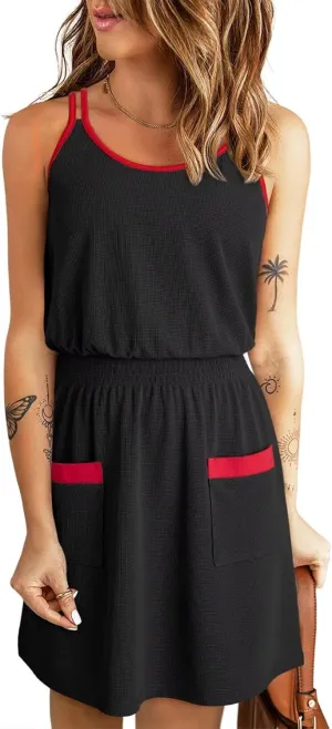 Dokotoo Womens 2025 Beach Dresses Scoop Neck Sleeveless Smocked Empire Waist Mini Dress Sundress with Pockets