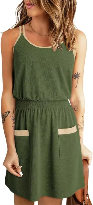 Dokotoo Womens 2025 Beach Dresses Scoop Neck Sleeveless Smocked Empire Waist Mini Dress Sundress with Pockets