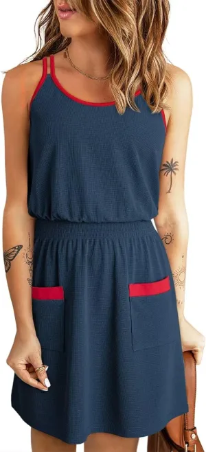 Dokotoo Womens 2025 Beach Dresses Scoop Neck Sleeveless Smocked Empire Waist Mini Dress Sundress with Pockets