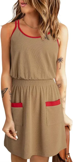Dokotoo Womens 2025 Beach Dresses Scoop Neck Sleeveless Smocked Empire Waist Mini Dress Sundress with Pockets