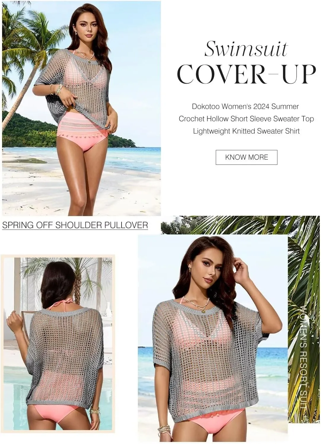 Dokotoo Womens Summer Scoop Neck Short Sleeve Sweater Casual Crochet Hollow Out Knit Tops Pullover Shirts Beach Coverup