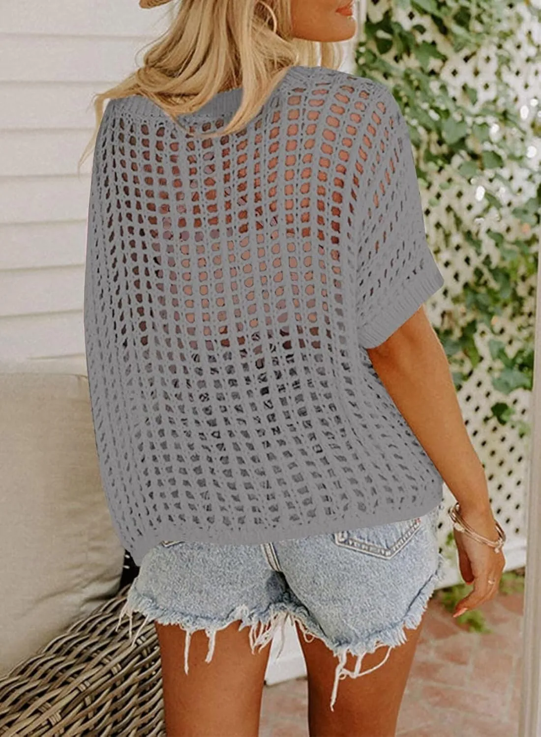 Dokotoo Womens Summer Scoop Neck Short Sleeve Sweater Casual Crochet Hollow Out Knit Tops Pullover Shirts Beach Coverup