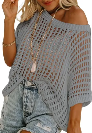 Dokotoo Womens Summer Scoop Neck Short Sleeve Sweater Casual Crochet Hollow Out Knit Tops Pullover Shirts Beach Coverup