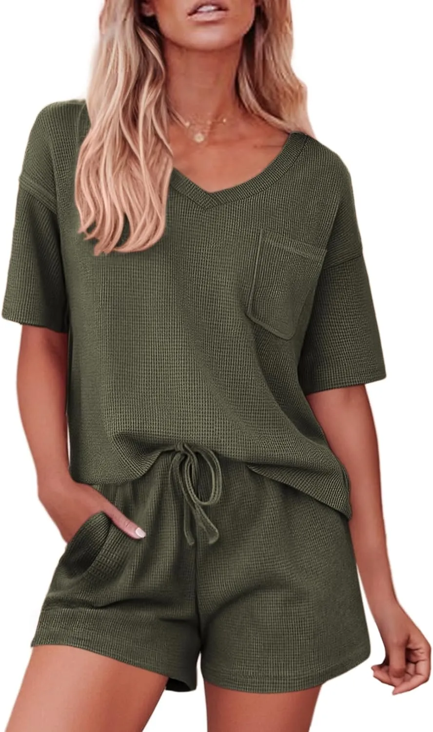 Ekouaer Pajamas for Women Waffle Knit Lounge Set 2 Piece PJS Short Sleeve Top and Shorts Matching Loungewear with Pockets