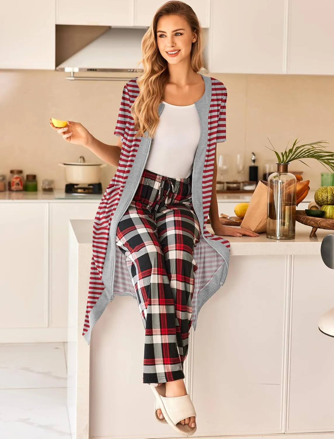 Ekouaer Robes For Women Zipper Front Bathrobe Short Sleeve House Coat Long Nightgown With Pockets Soft Loungewear