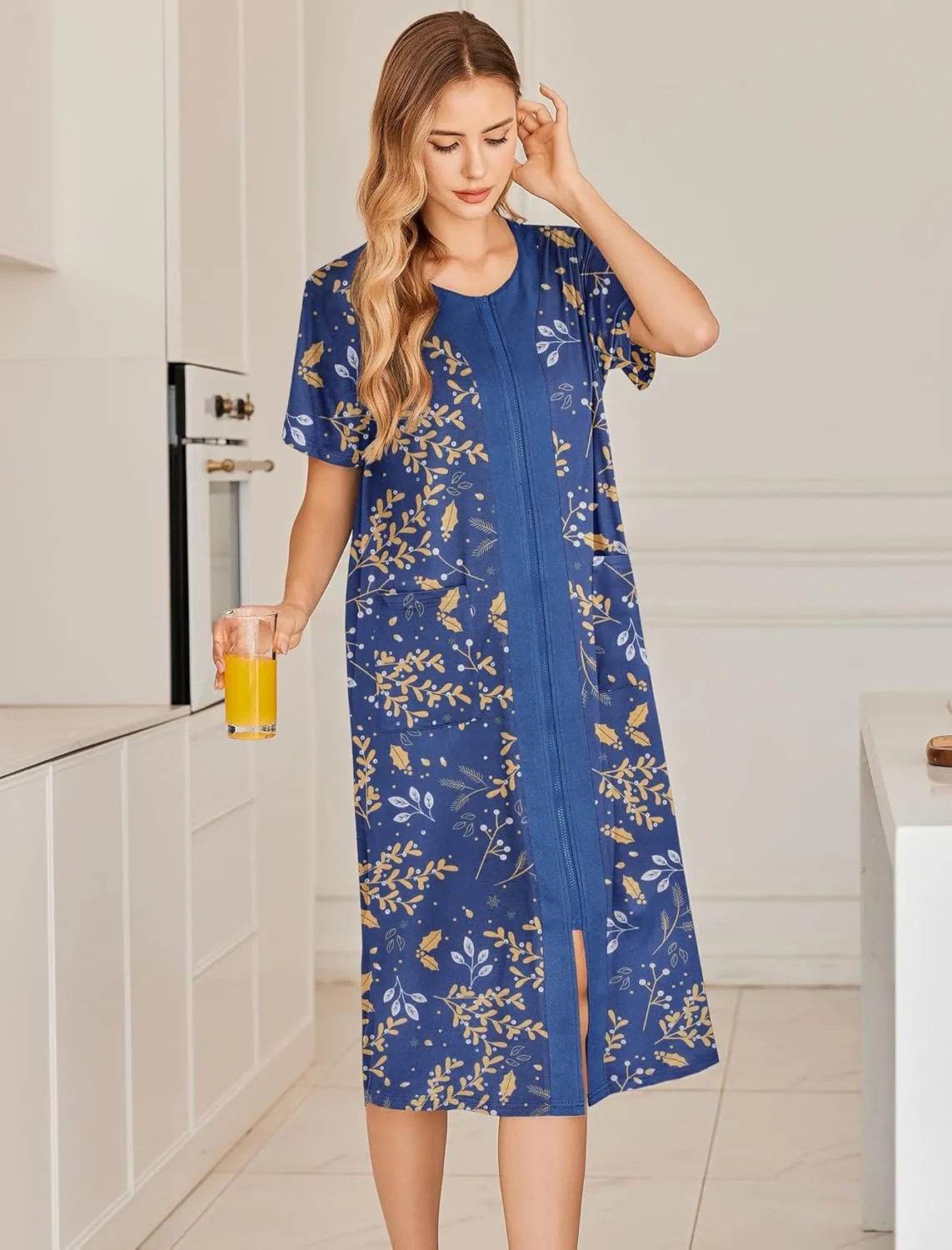 Ekouaer Robes For Women Zipper Front Bathrobe Short Sleeve House Coat Long Nightgown With Pockets Soft Loungewear