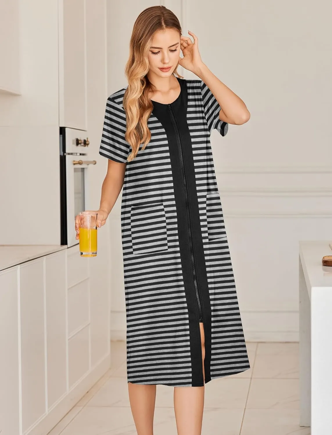 Ekouaer Robes For Women Zipper Front Bathrobe Short Sleeve House Coat Long Nightgown With Pockets Soft Loungewear