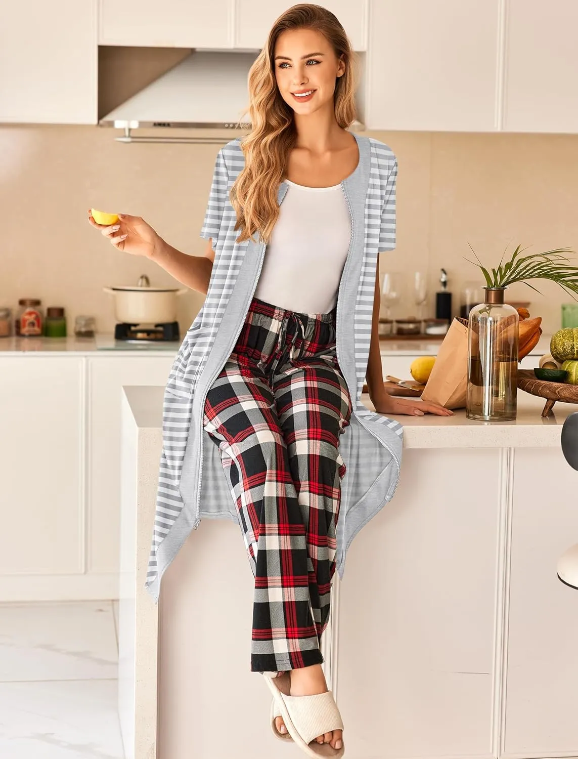 Ekouaer Robes For Women Zipper Front Bathrobe Short Sleeve House Coat Long Nightgown With Pockets Soft Loungewear