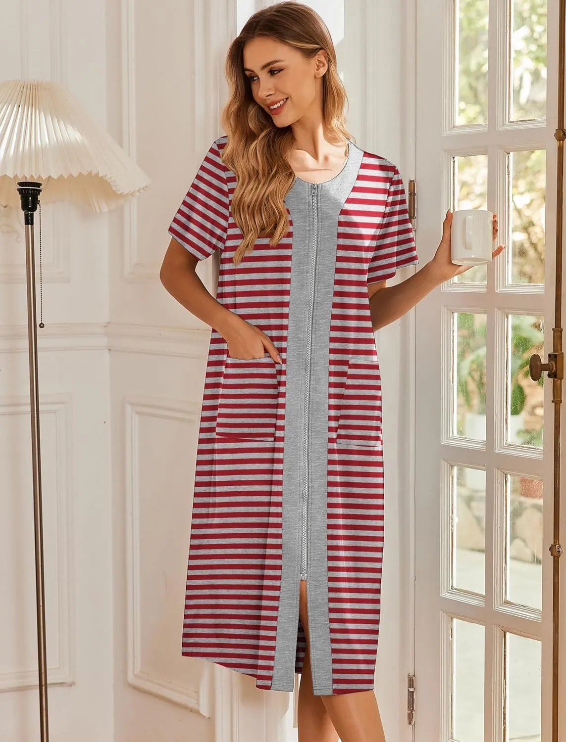 Ekouaer Robes For Women Zipper Front Bathrobe Short Sleeve House Coat Long Nightgown With Pockets Soft Loungewear