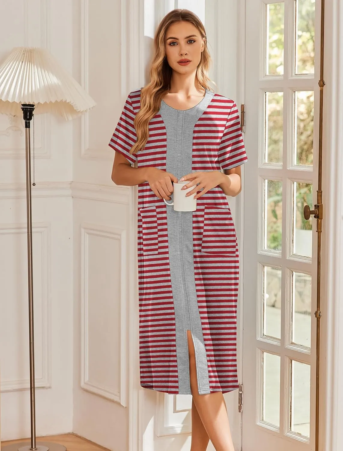 Ekouaer Robes For Women Zipper Front Bathrobe Short Sleeve House Coat Long Nightgown With Pockets Soft Loungewear