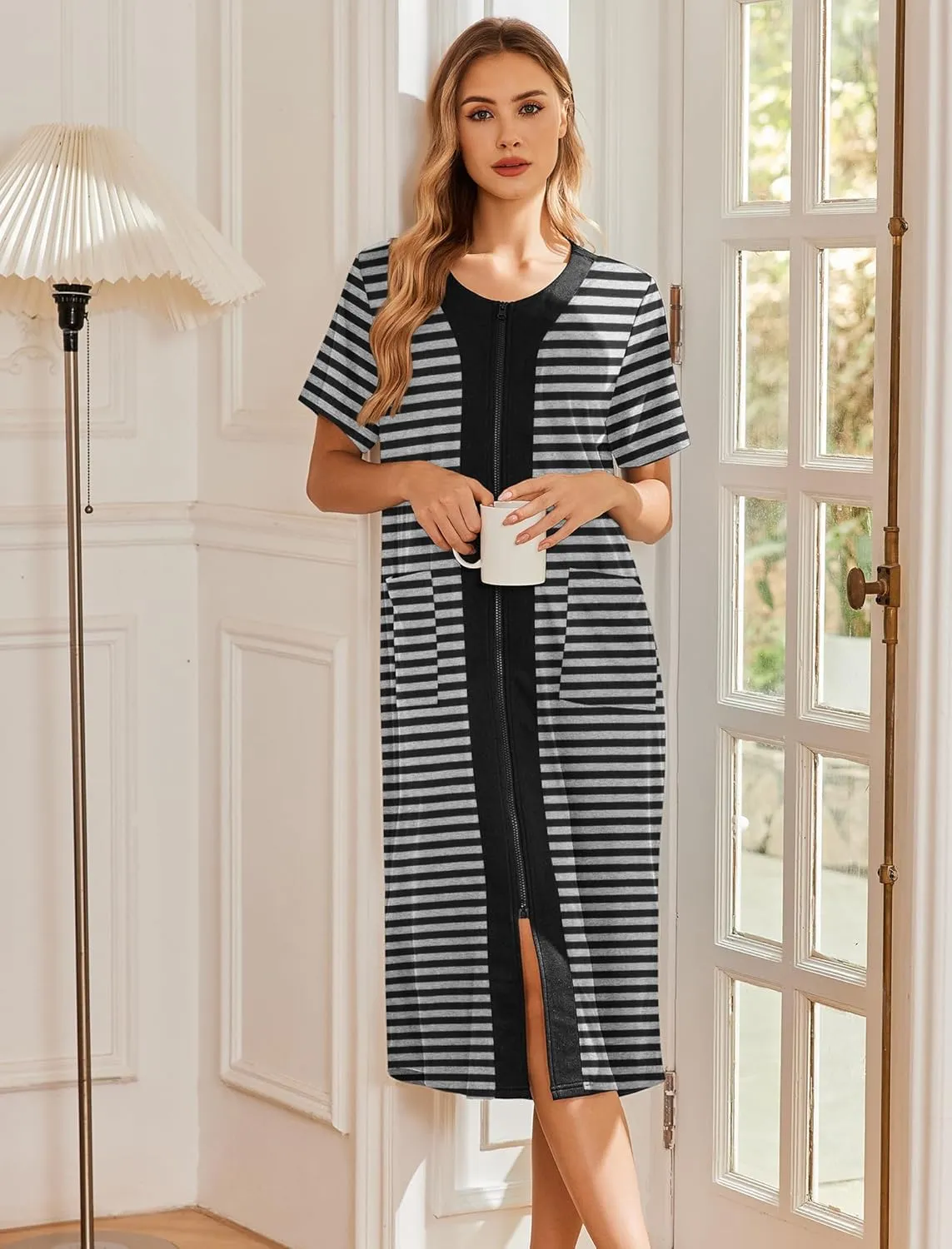 Ekouaer Robes For Women Zipper Front Bathrobe Short Sleeve House Coat Long Nightgown With Pockets Soft Loungewear