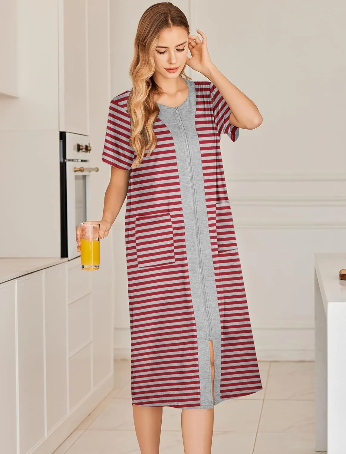 Ekouaer Robes For Women Zipper Front Bathrobe Short Sleeve House Coat Long Nightgown With Pockets Soft Loungewear
