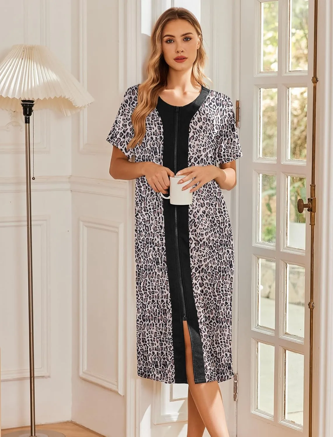 Ekouaer Robes For Women Zipper Front Bathrobe Short Sleeve House Coat Long Nightgown With Pockets Soft Loungewear