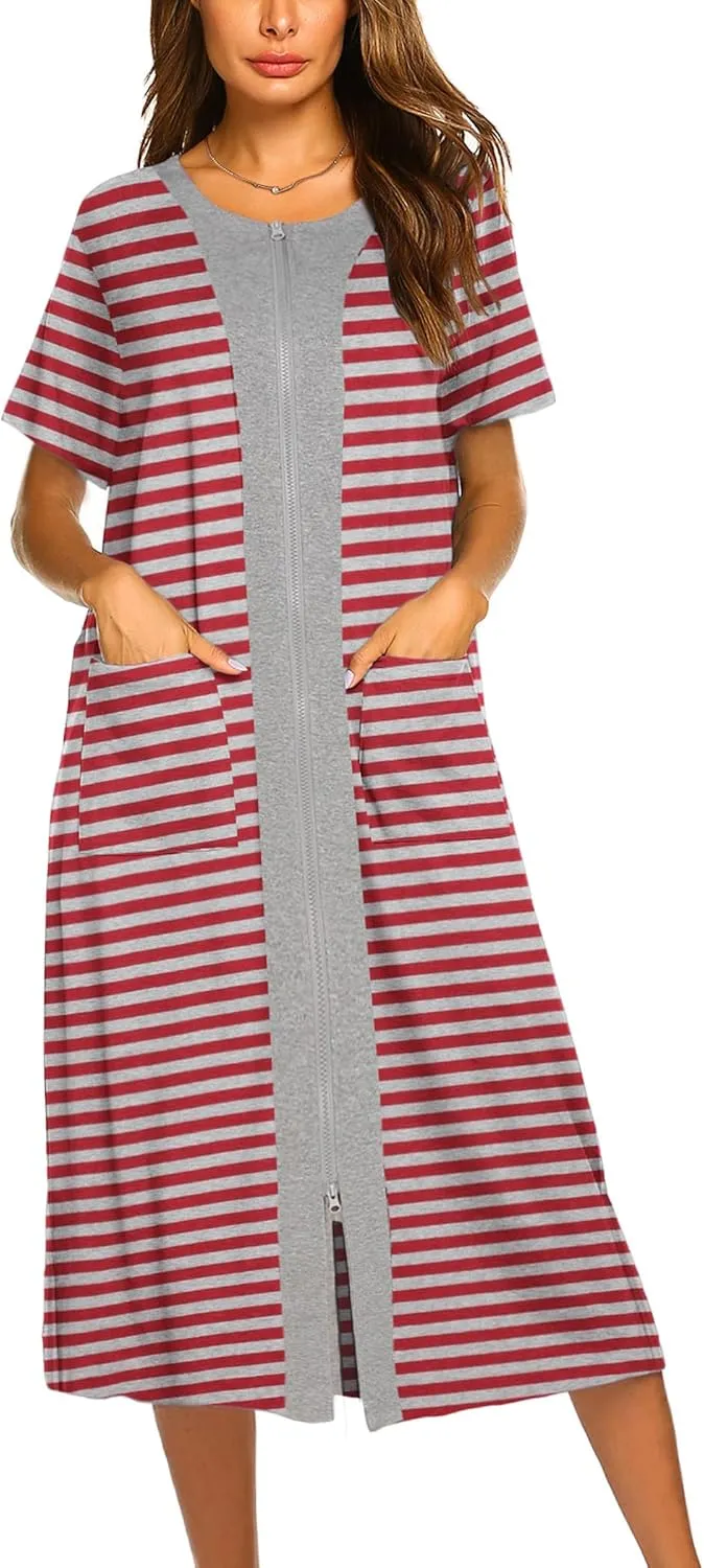Ekouaer Robes For Women Zipper Front Bathrobe Short Sleeve House Coat Long Nightgown With Pockets Soft Loungewear