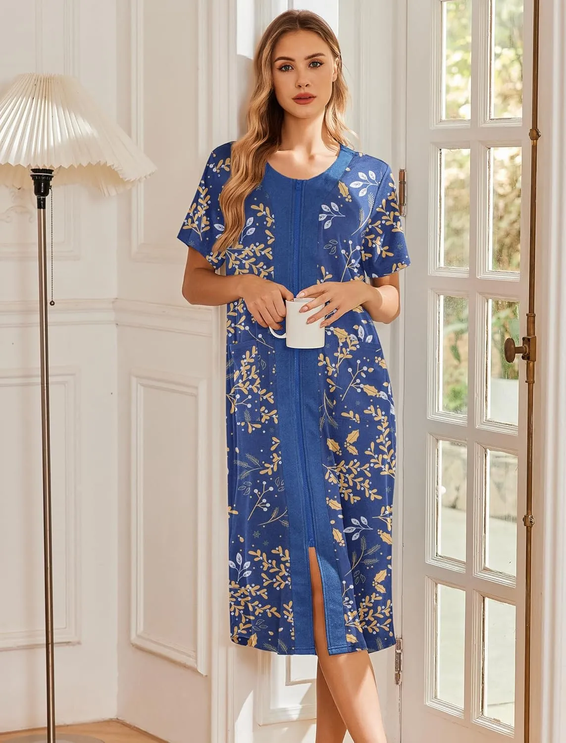 Ekouaer Robes For Women Zipper Front Bathrobe Short Sleeve House Coat Long Nightgown With Pockets Soft Loungewear