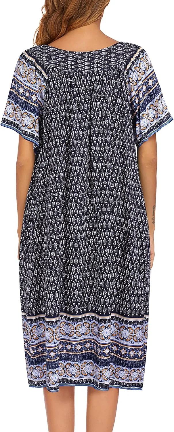 Ekouaer Womens Nightgown Short Sleeve House Dress with Pockets-Floral Print Mumu Dress