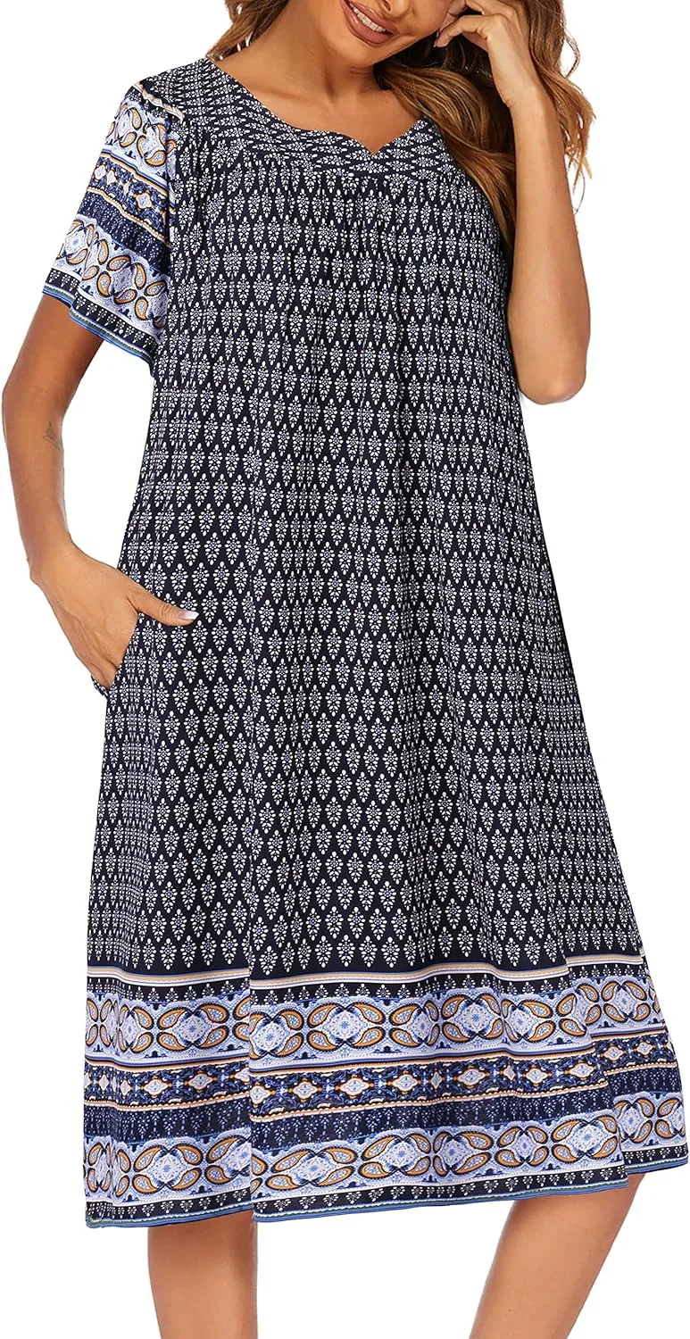 Ekouaer Womens Nightgown Short Sleeve House Dress with Pockets-Floral Print Mumu Dress
